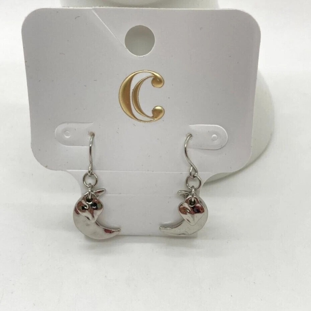Charming Charlie Crescent Moon Dangle Earrings Silver Tone Fishhook New‎